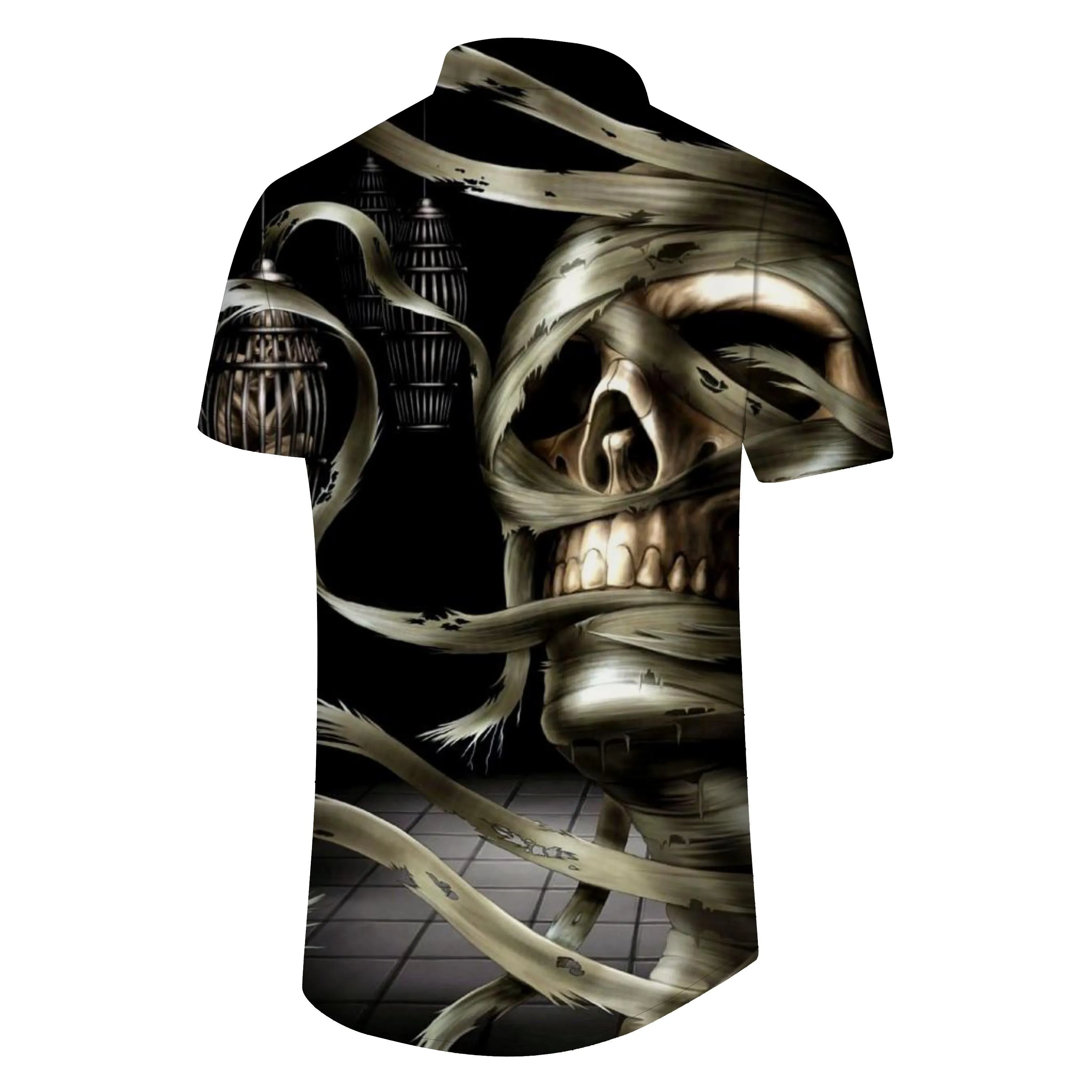 Beach men's casual Hawaiian button abstract 3d print black hell skull king shirt short sleeve clothing