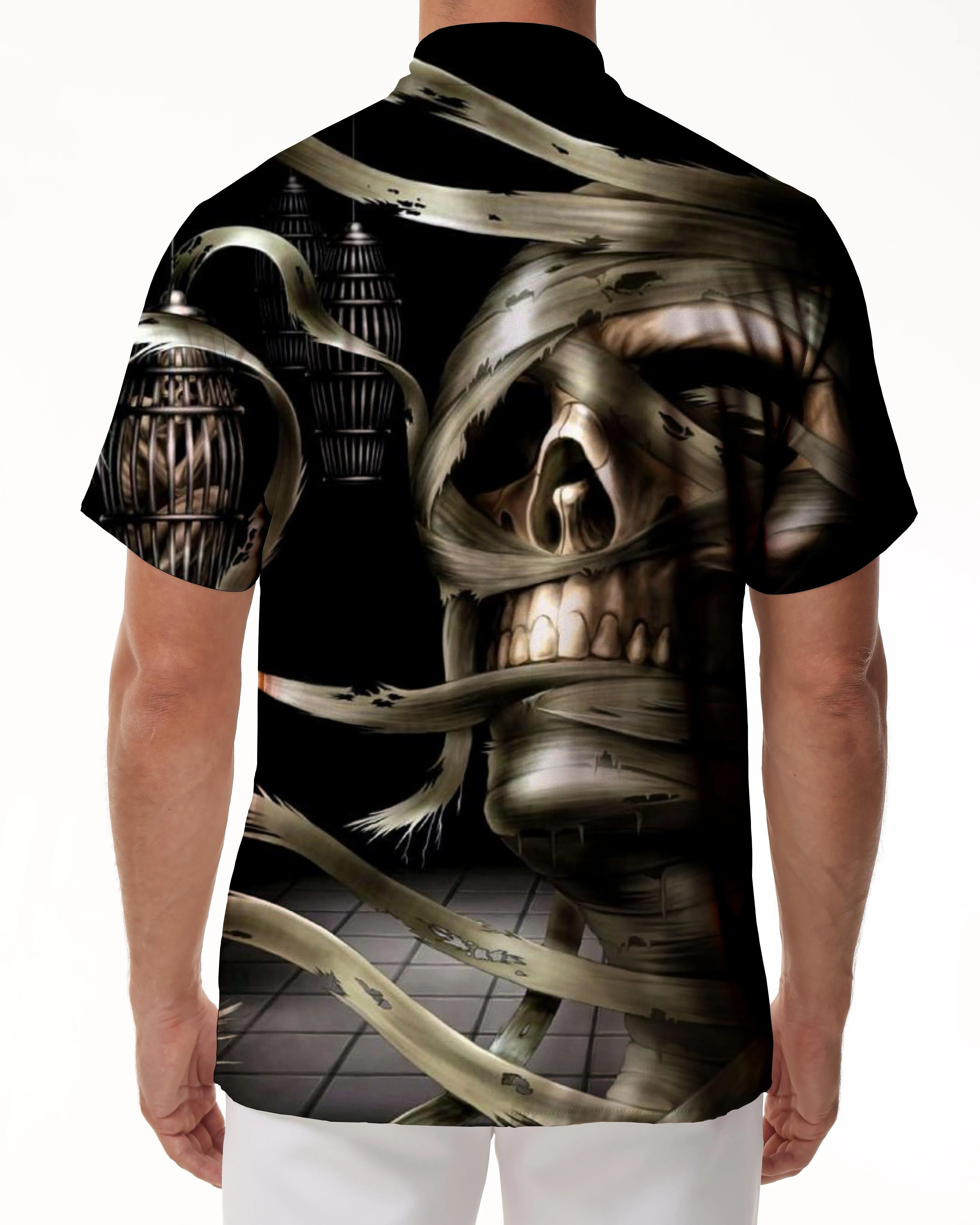 Beach men's casual Hawaiian button abstract 3d print black hell skull king shirt short sleeve clothing