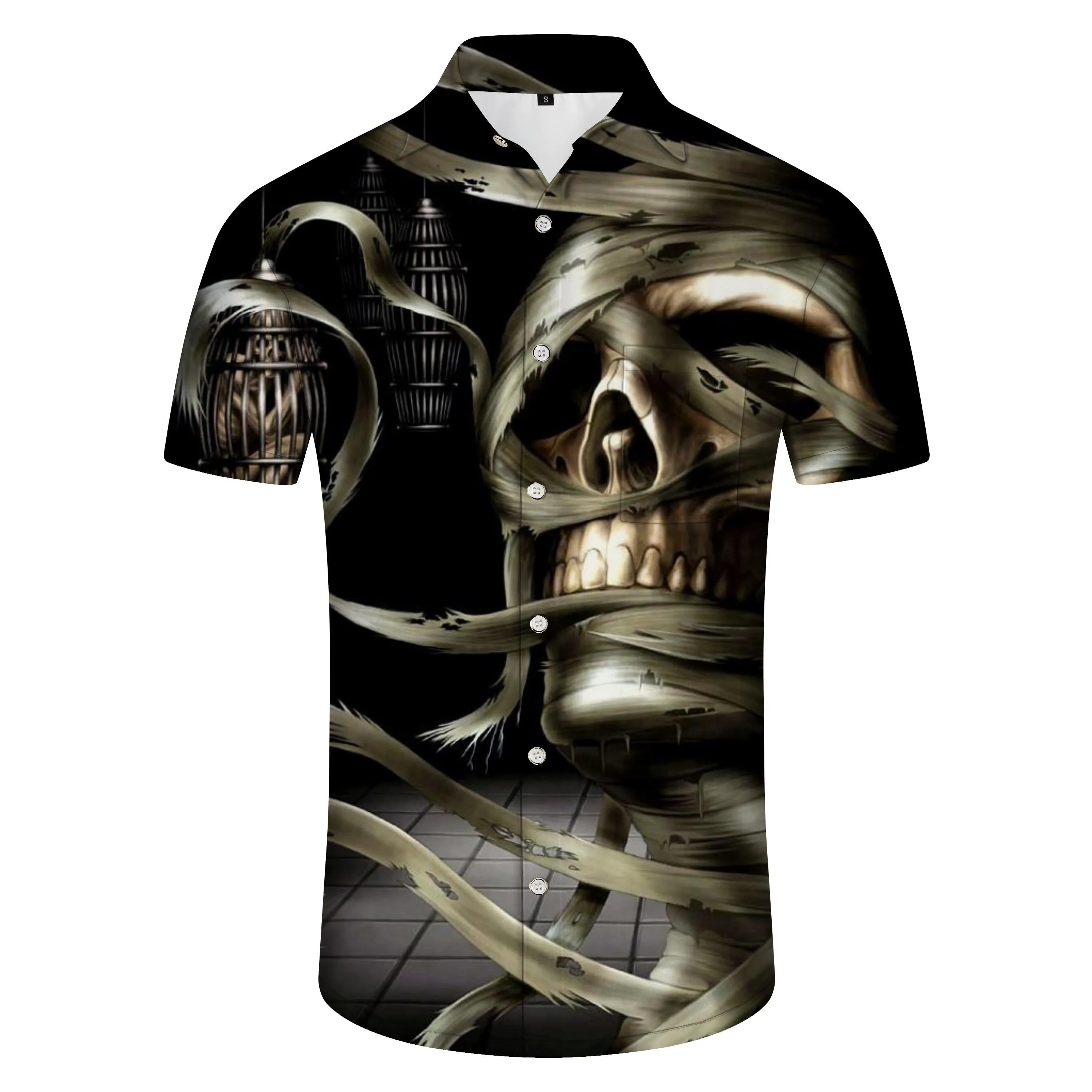 Beach men's casual Hawaiian button abstract 3d print black hell skull king shirt short sleeve clothing