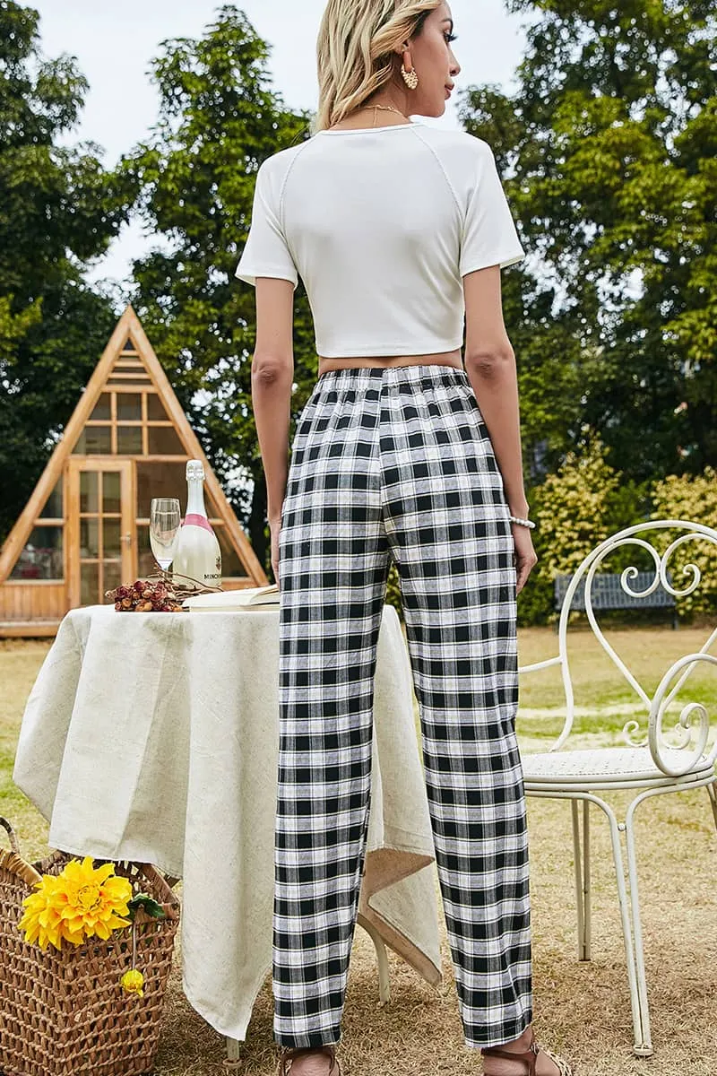 Belly strappy top high waist black and white casual pants suit