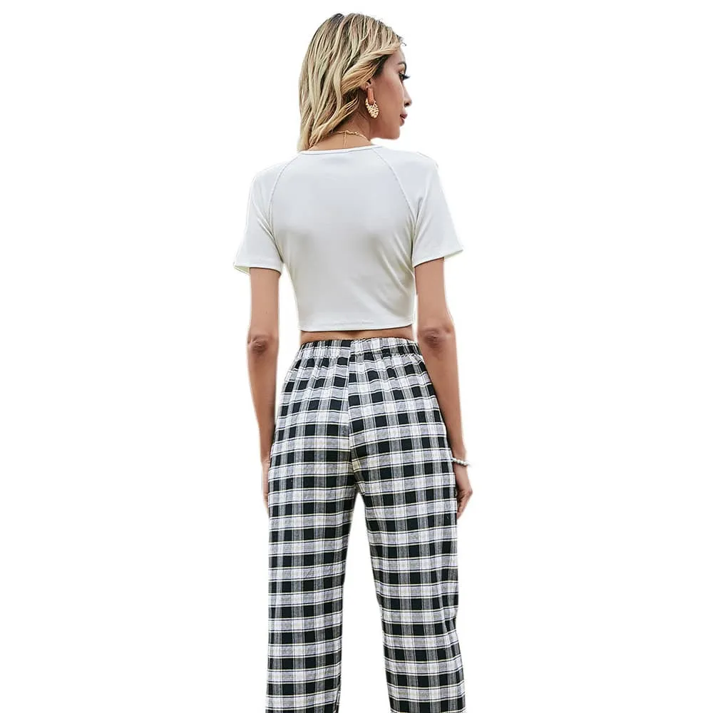 Belly strappy top high waist black and white casual pants suit