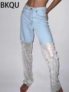 BKQU Straight Leg Chic Mesh Jeans