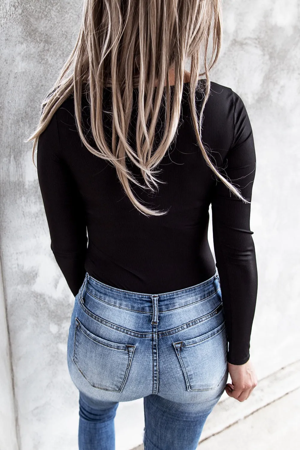 Black Ribbed Lace up Slim Fit Knit Long Sleeve Top