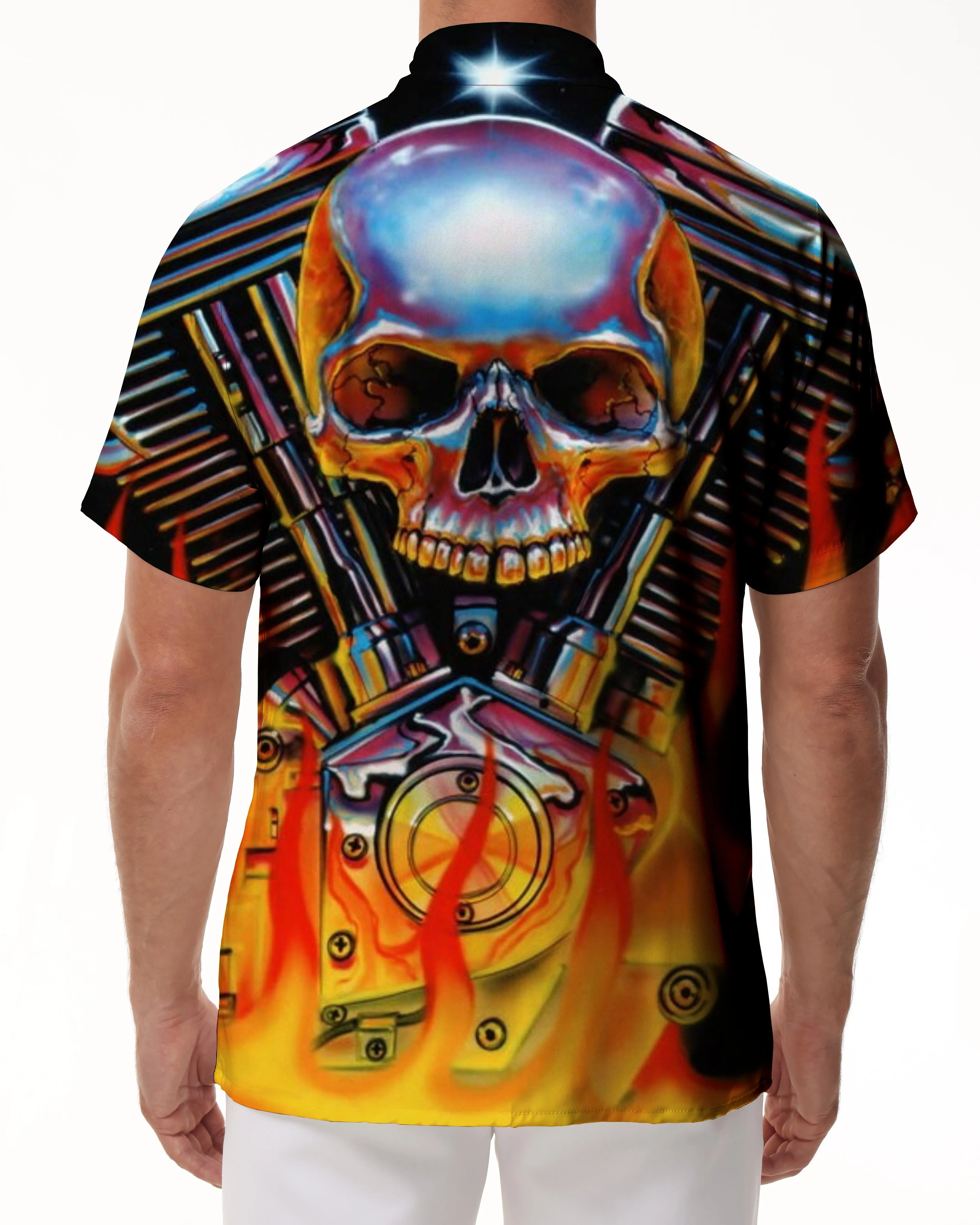 Casual new men's Hawaiian button shirt hip hop hell flame skull short sleeve shirt clothing