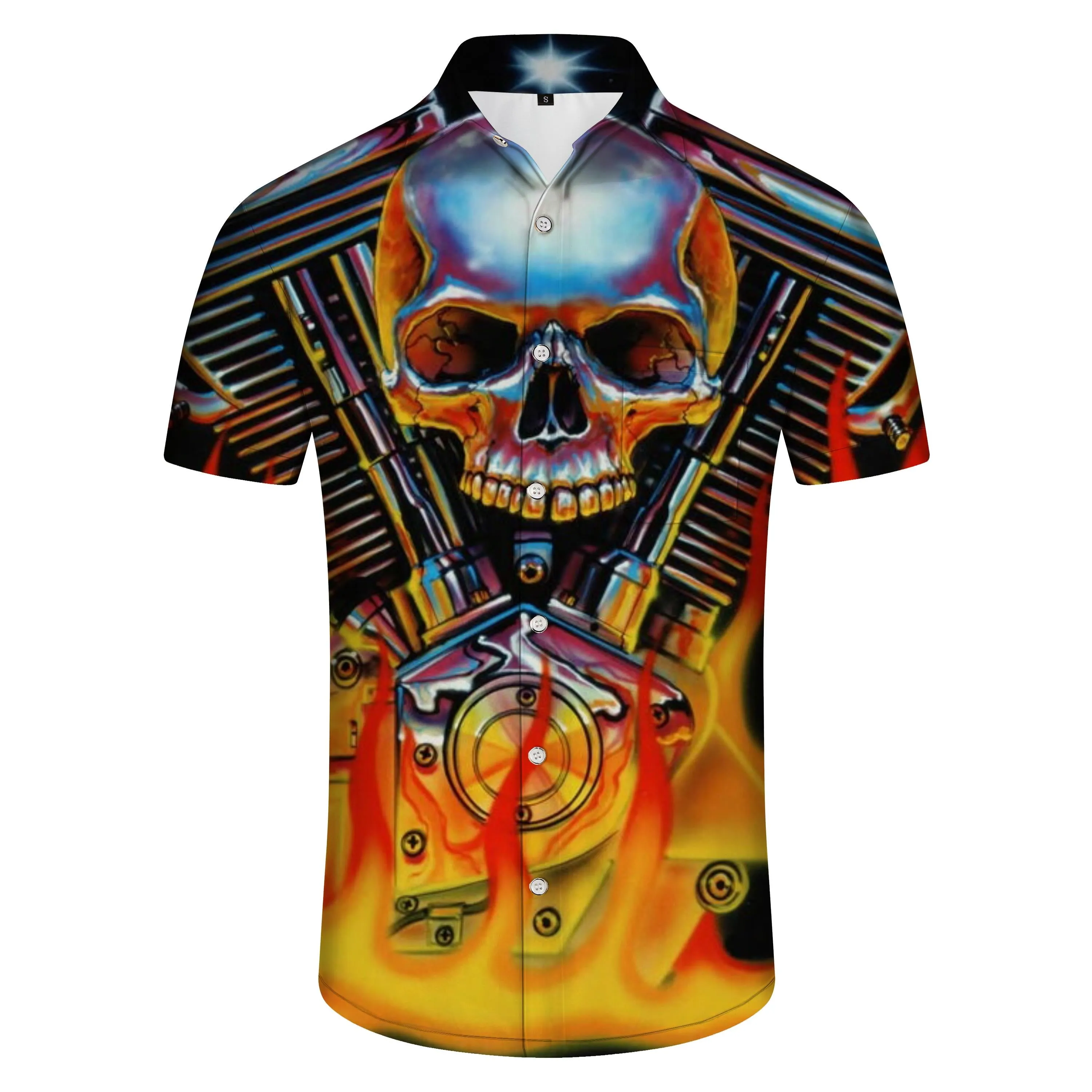 Casual new men's Hawaiian button shirt hip hop hell flame skull short sleeve shirt clothing