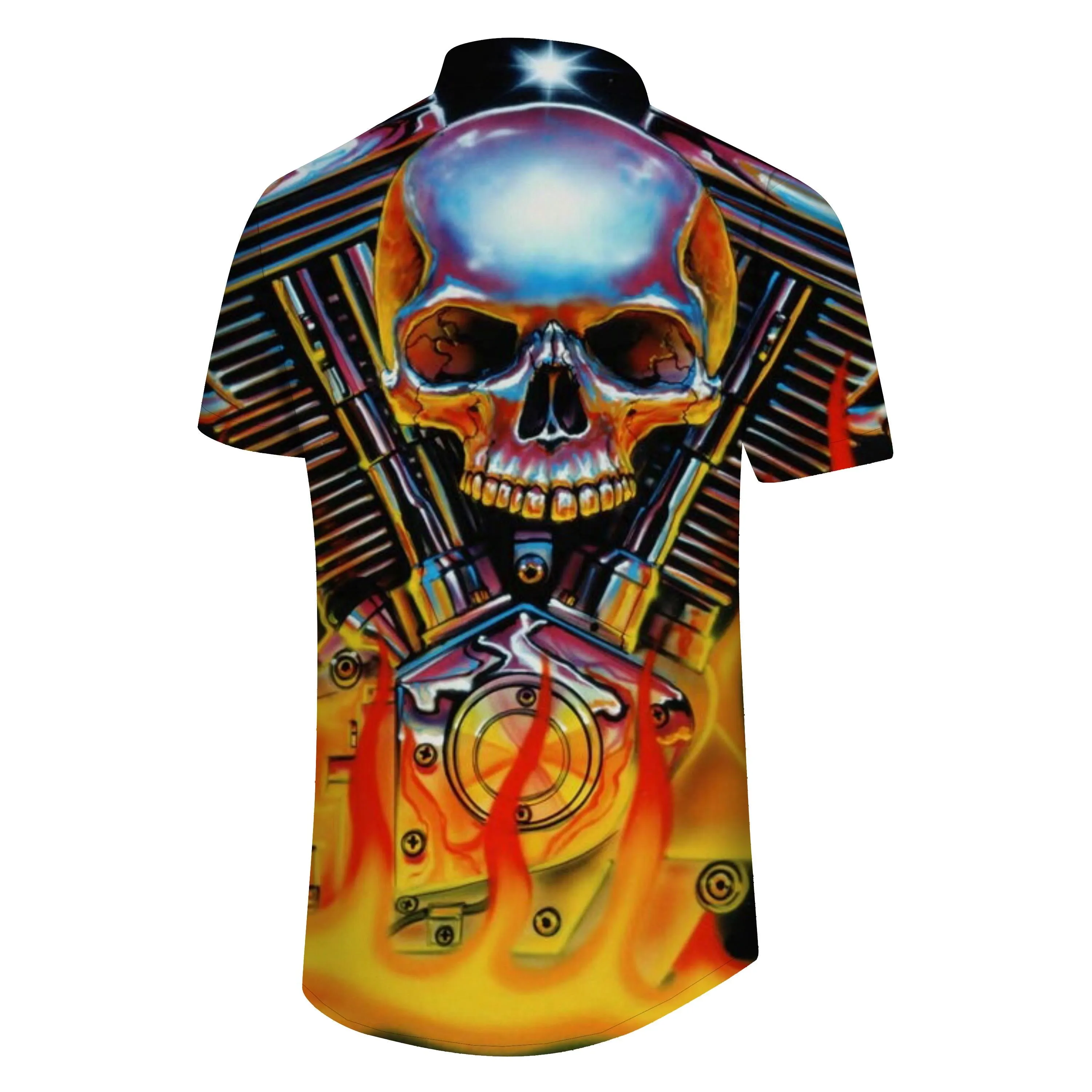 Casual new men's Hawaiian button shirt hip hop hell flame skull short sleeve shirt clothing