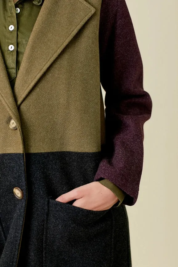 Color Block Long Coat  Olive/Char