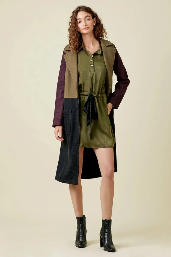 Color Block Long Coat  Olive/Char