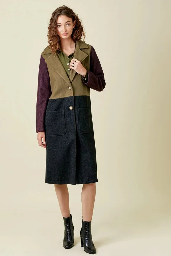 Color Block Long Coat  Olive/Char