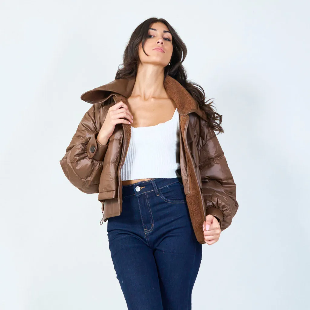 Cropped puffer jacket with textured details wholesale
