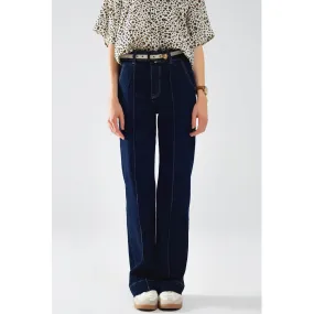 Dark Wash Straight Leg Jeans with Stitching