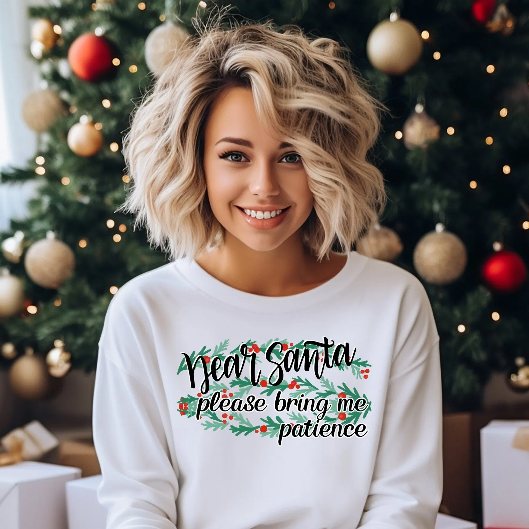 Dear Santa, Please Bring Me Patience Women's Sweatshirt: Festive Christmas Garland Design