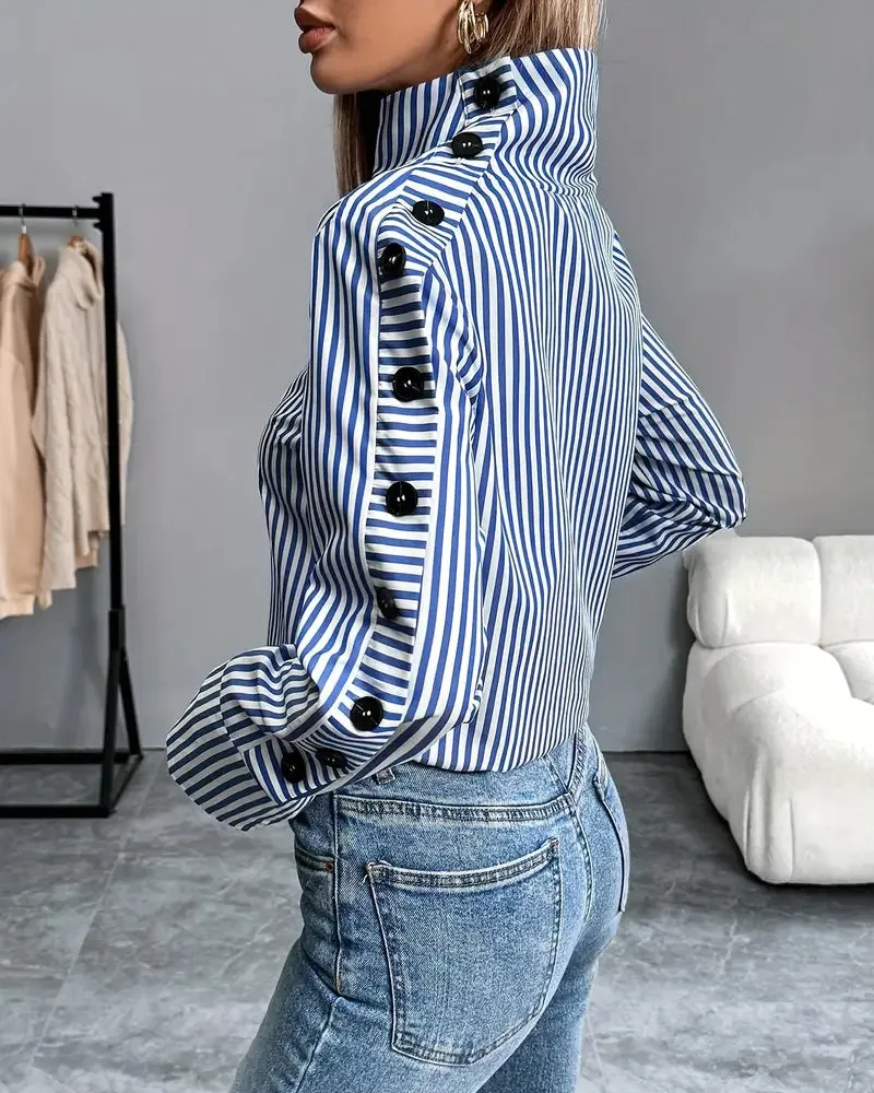 Fashionable Half Turtleneck Striped Blouse