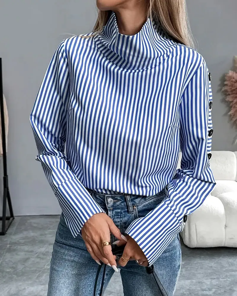 Fashionable Half Turtleneck Striped Blouse