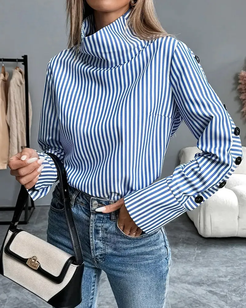 Fashionable Half Turtleneck Striped Blouse
