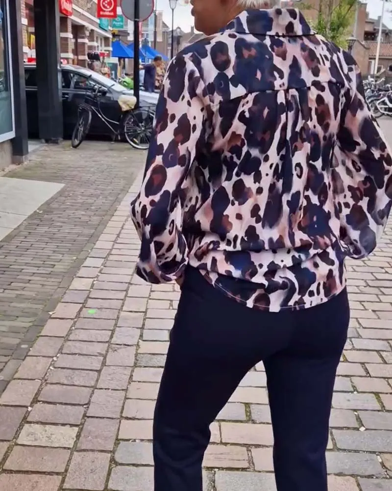 Fashionable leopard print lapel long sleeve shirt