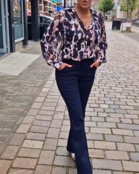 Fashionable leopard print lapel long sleeve shirt