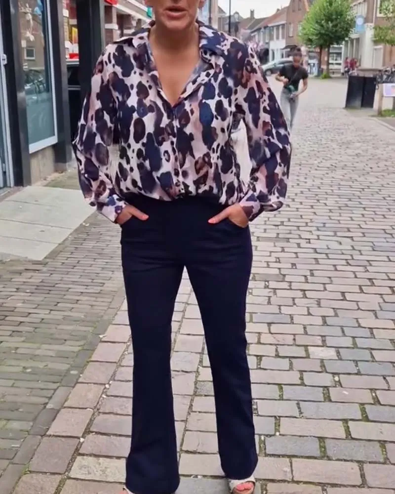 Fashionable leopard print lapel long sleeve shirt