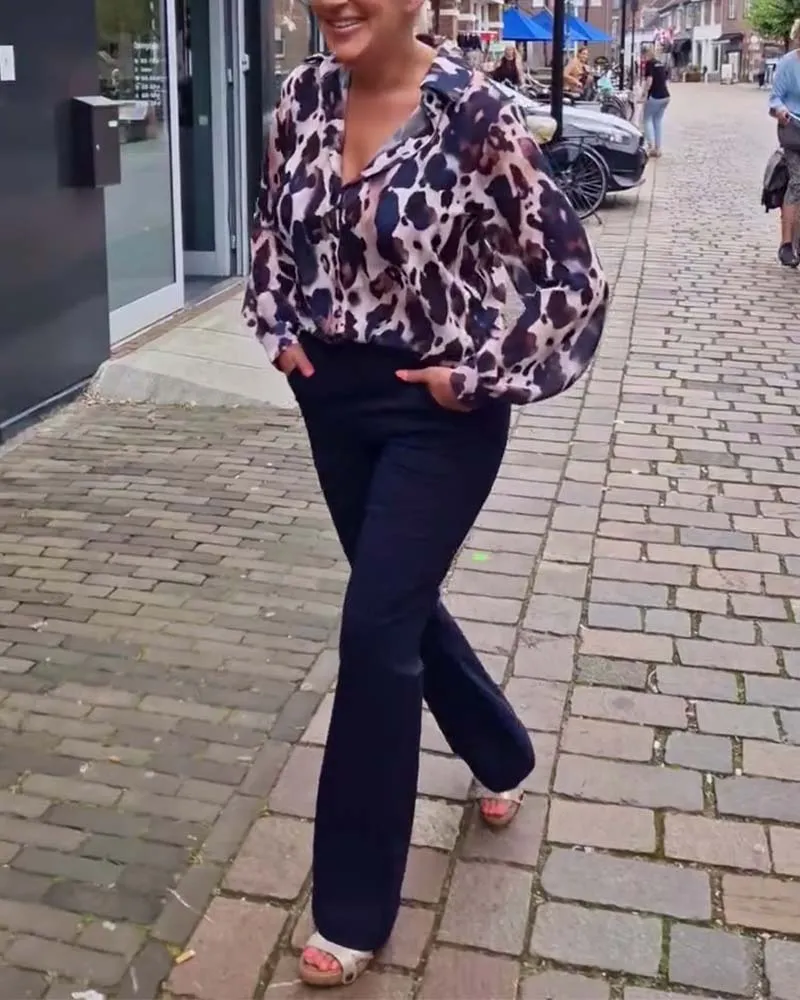 Fashionable leopard print lapel long sleeve shirt