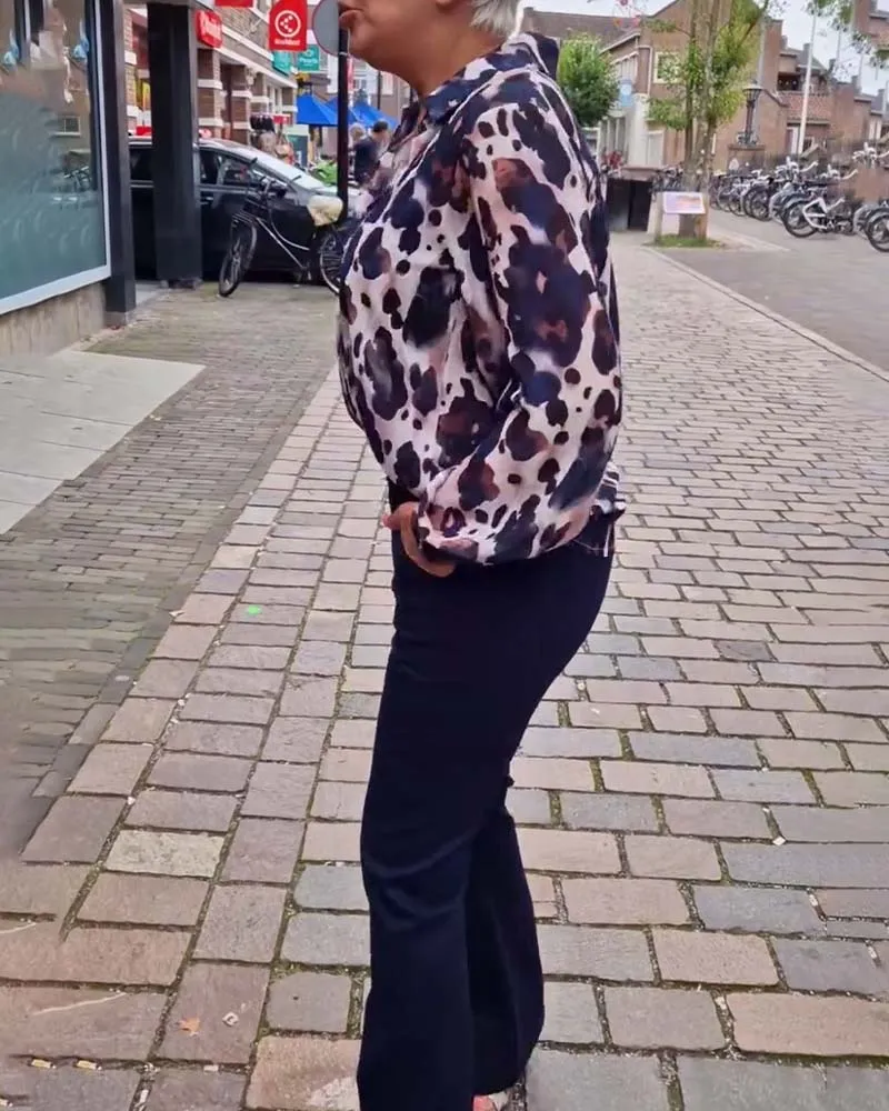 Fashionable leopard print lapel long sleeve shirt