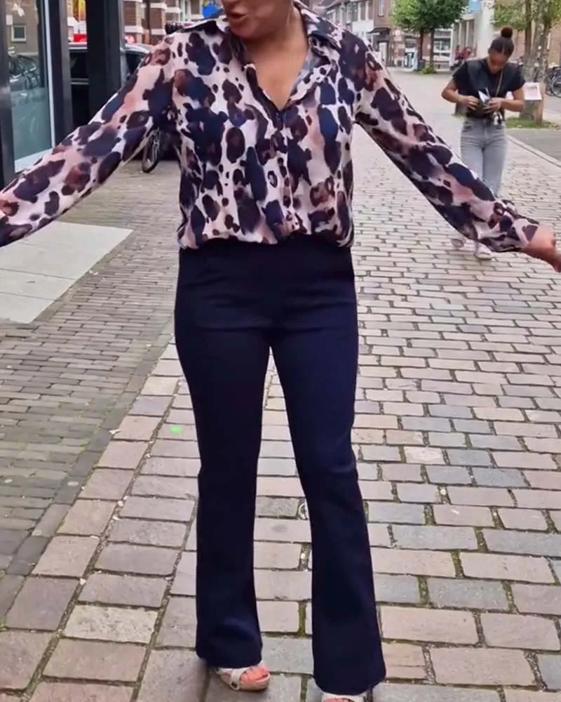 Fashionable leopard print lapel long sleeve shirt