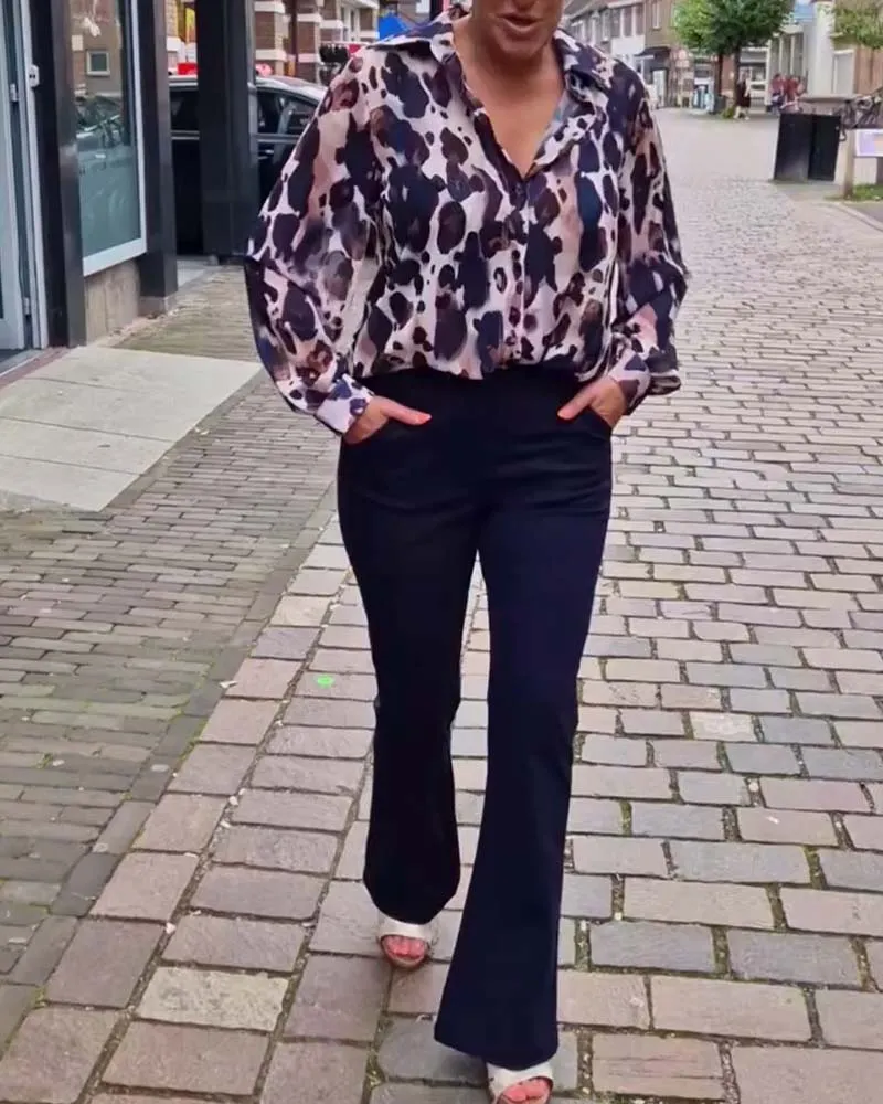 Fashionable leopard print lapel long sleeve shirt
