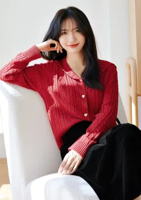 FRENCH LAPEL CABLE KNIT CARDIGAN TOP