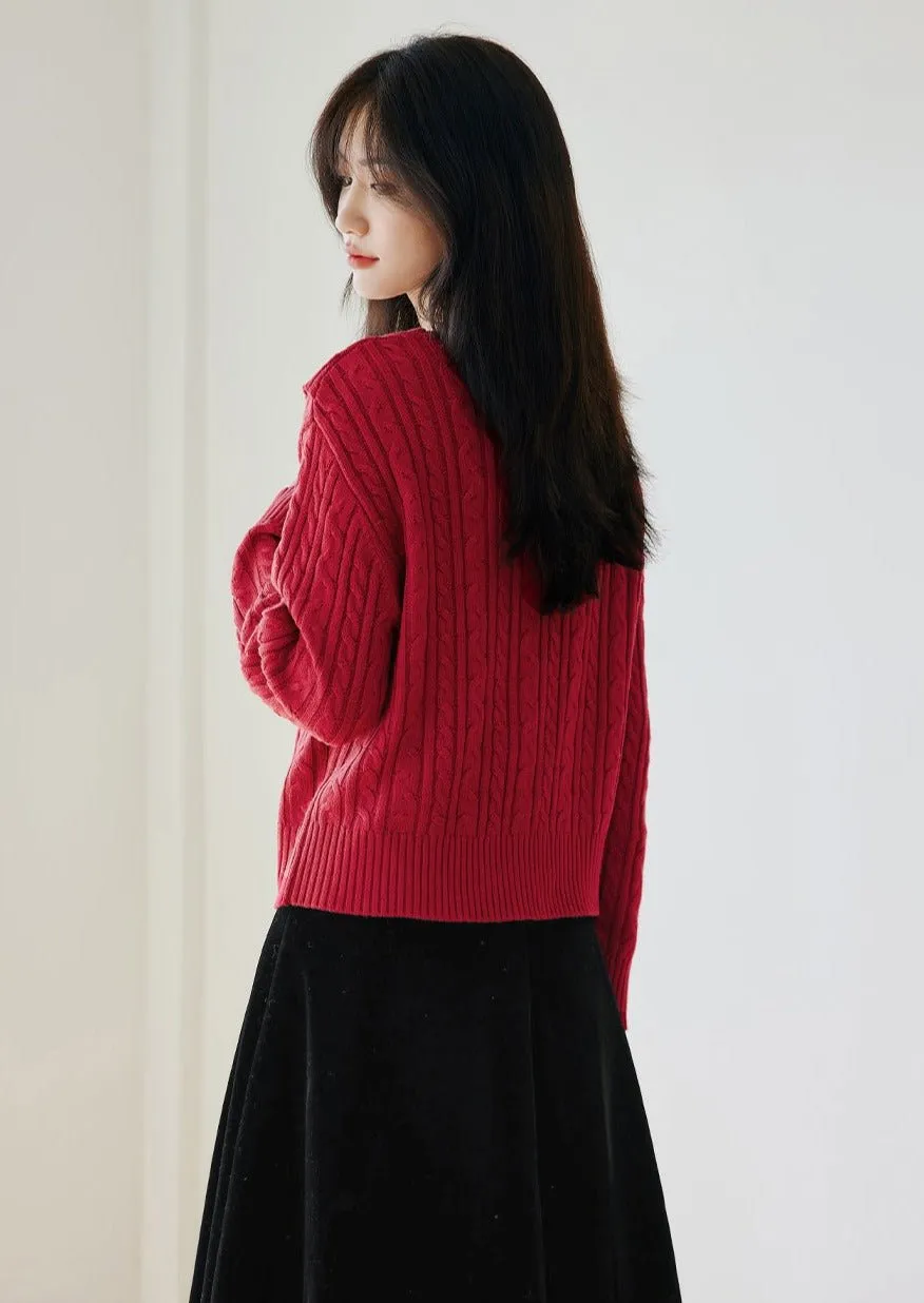 FRENCH LAPEL CABLE KNIT CARDIGAN TOP