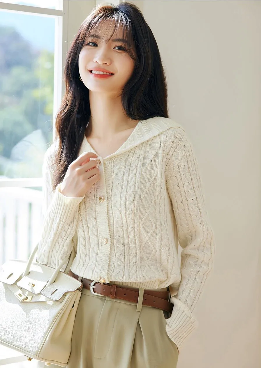 FRENCH LAPEL CABLE KNIT CARDIGAN TOP