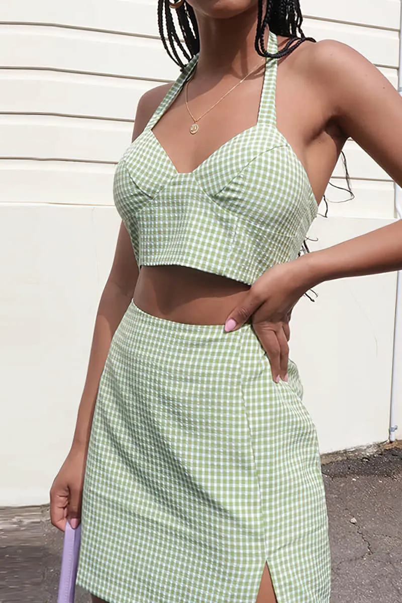 Halter camisole high waist plaid skirt suit