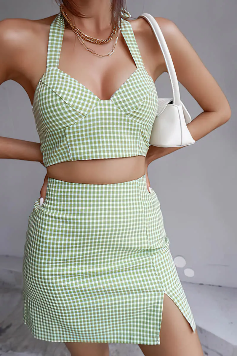 Halter camisole high waist plaid skirt suit