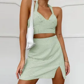 Halter camisole high waist plaid skirt suit