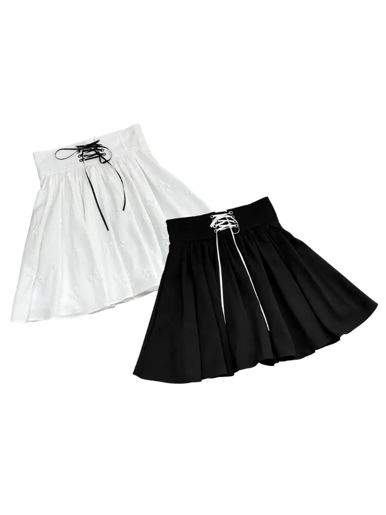 High Waist Jacquard Straps Ribbon Skirt