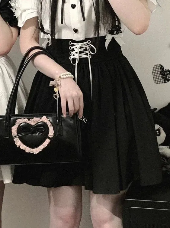 High Waist Jacquard Straps Ribbon Skirt