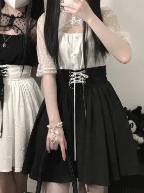 High Waist Jacquard Straps Ribbon Skirt