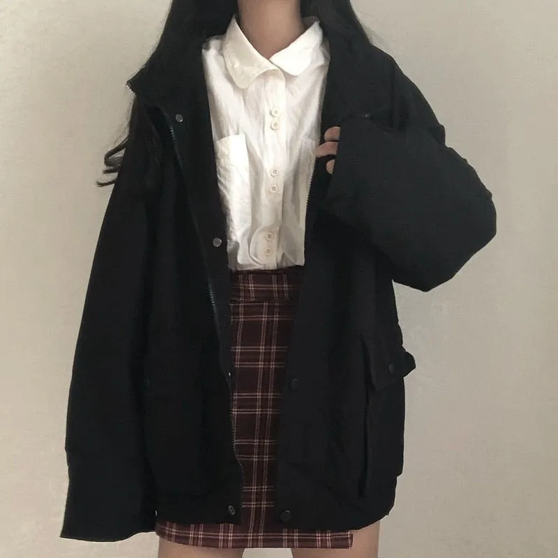 hulianfu Basic Jackets Women Spring Long Sleeve Feminino Outwear Loose BF Harajuku Chic Students All-match New Fashion Cargo Solid Pocket