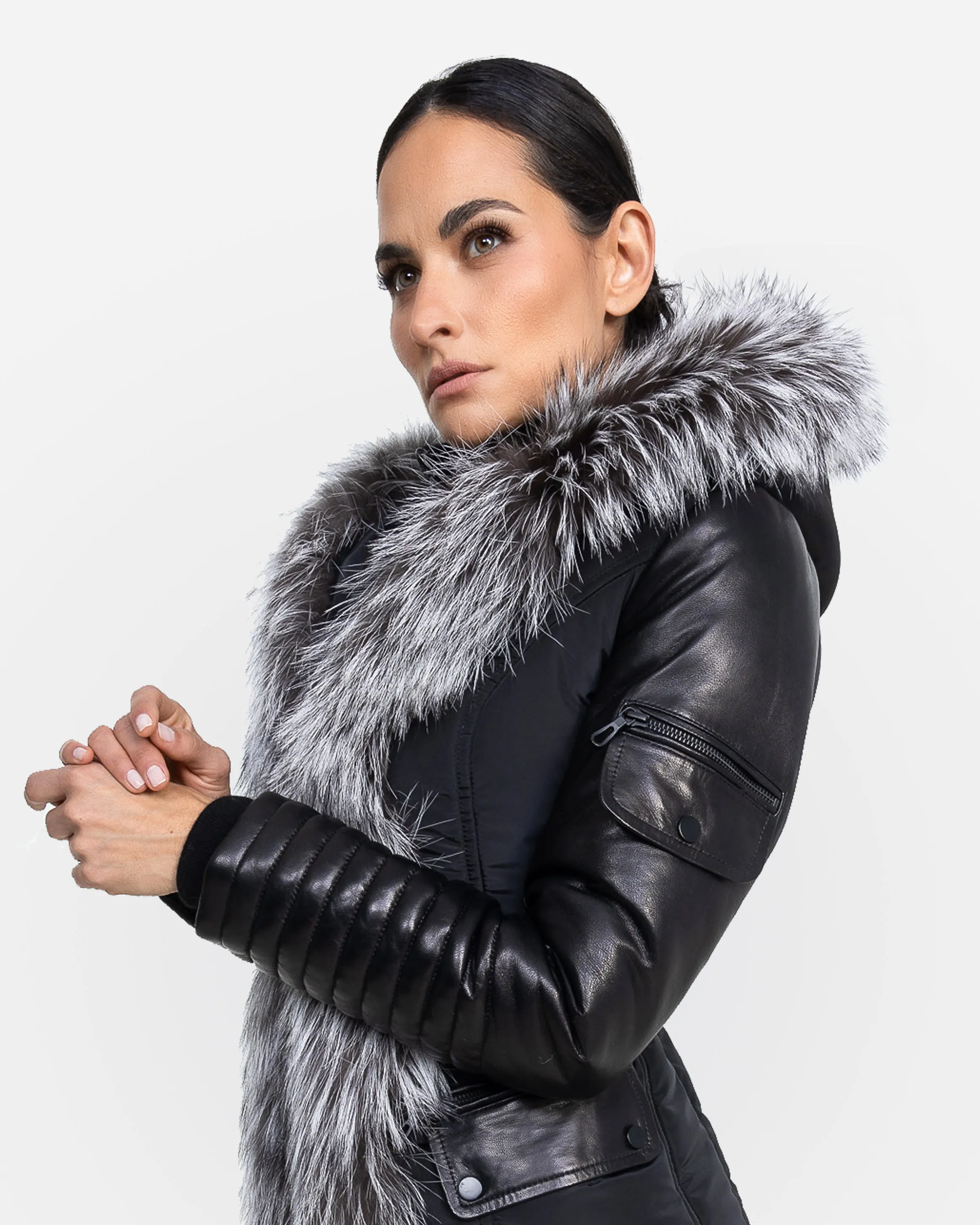 Kim Leather Sleeve Jacket with Silver Fox Fur