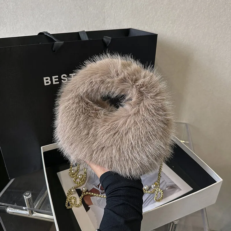 Long Pearl Chain Winter Fox Fur Mini Handbags-Showtown