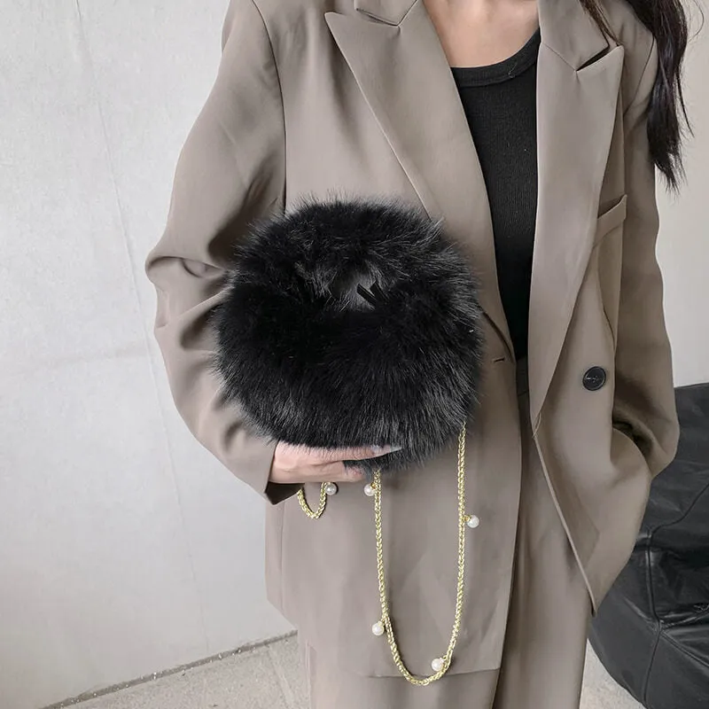 Long Pearl Chain Winter Fox Fur Mini Handbags-Showtown