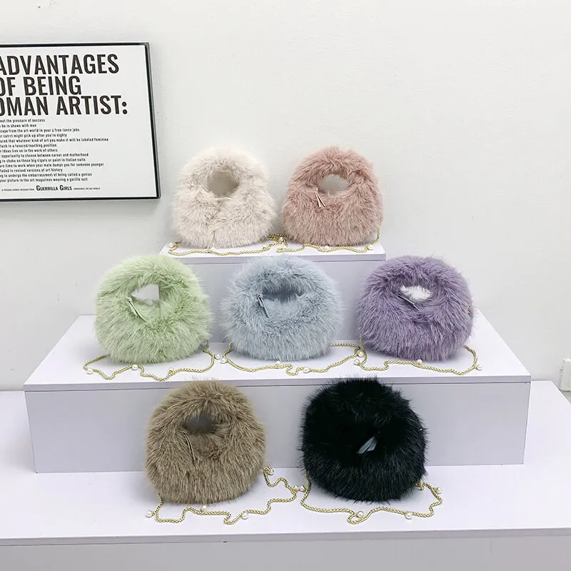 Long Pearl Chain Winter Fox Fur Mini Handbags-Showtown