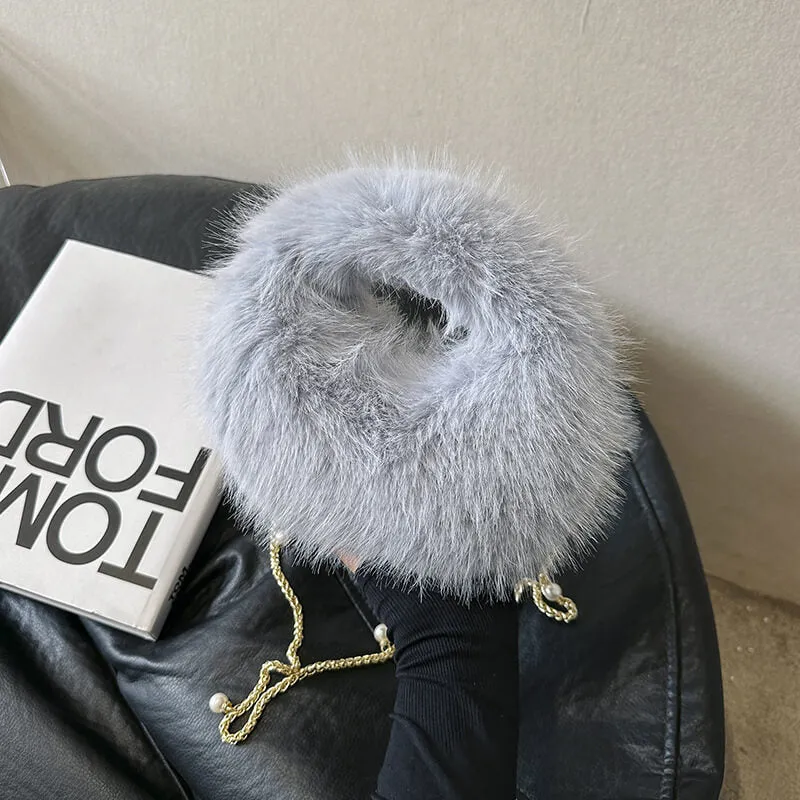 Long Pearl Chain Winter Fox Fur Mini Handbags-Showtown