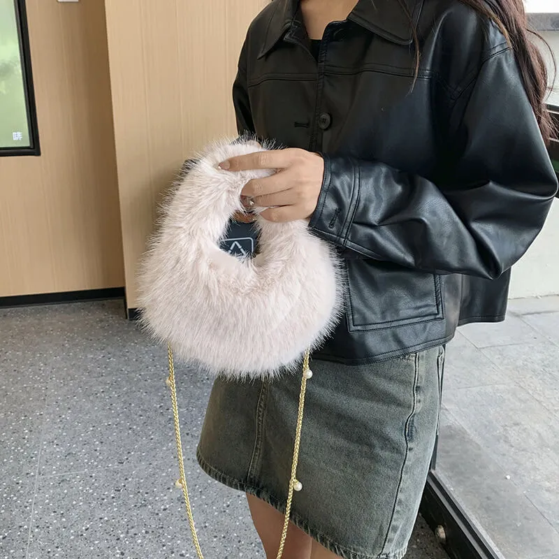 Long Pearl Chain Winter Fox Fur Mini Handbags-Showtown