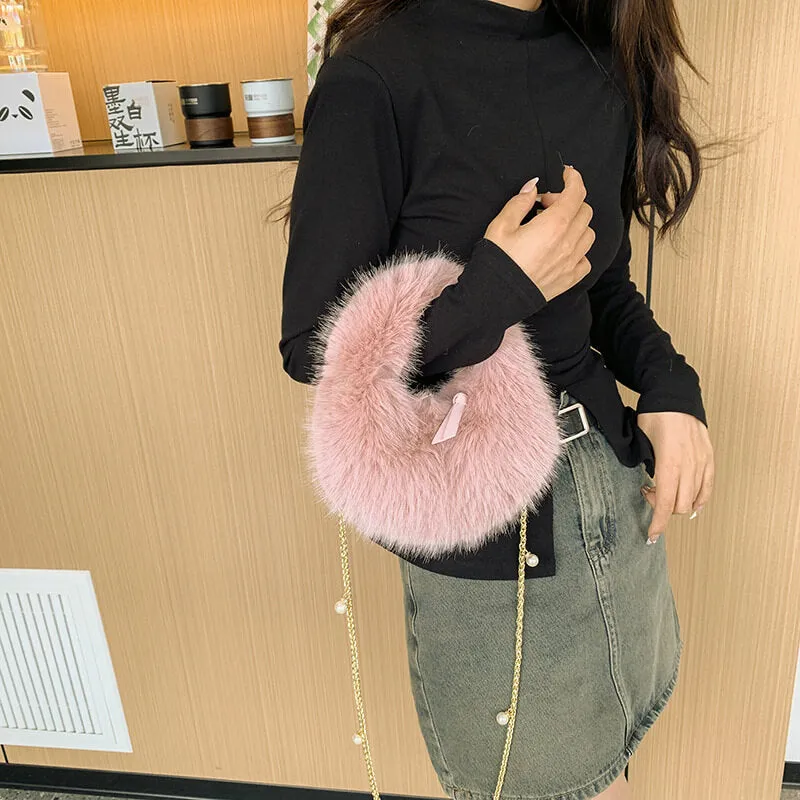 Long Pearl Chain Winter Fox Fur Mini Handbags-Showtown