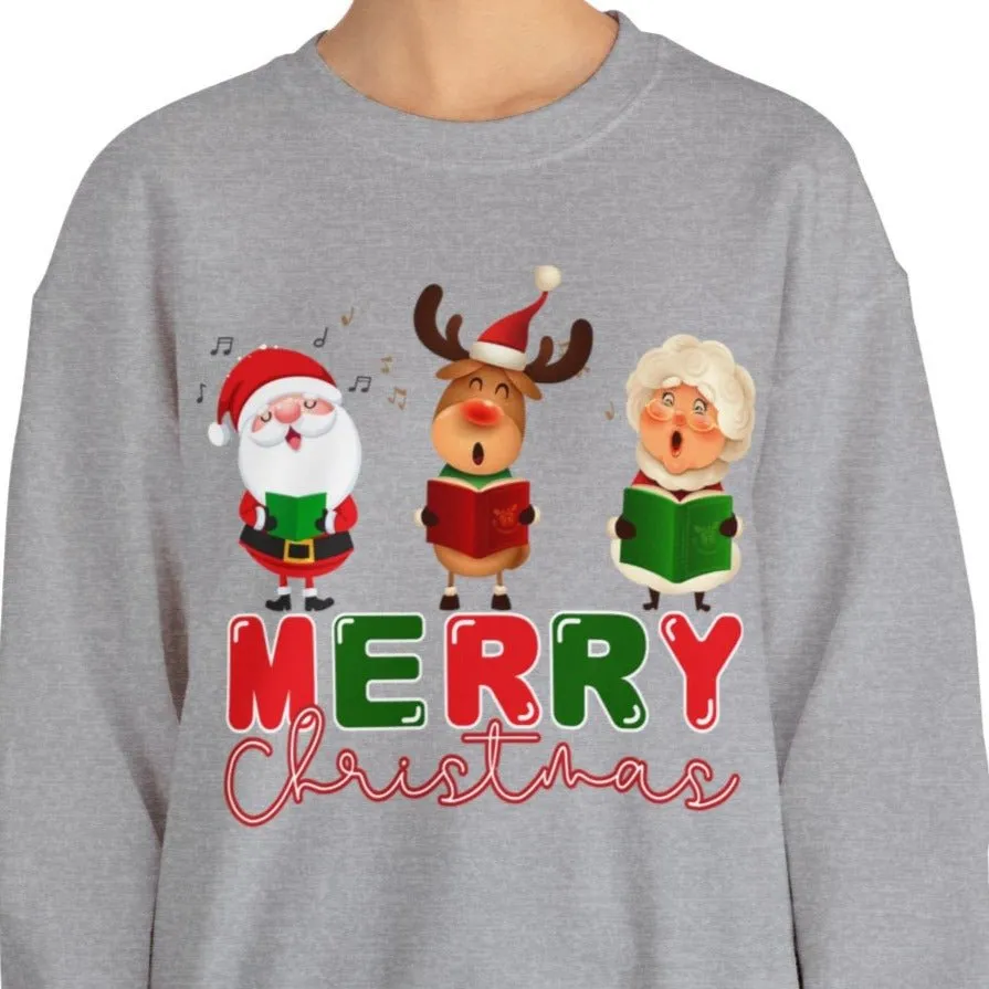 Merry Christmas Caroling Crew Women's Sweatshirt: Festive Santa, Mrs. Claus & Reindeer Carolers