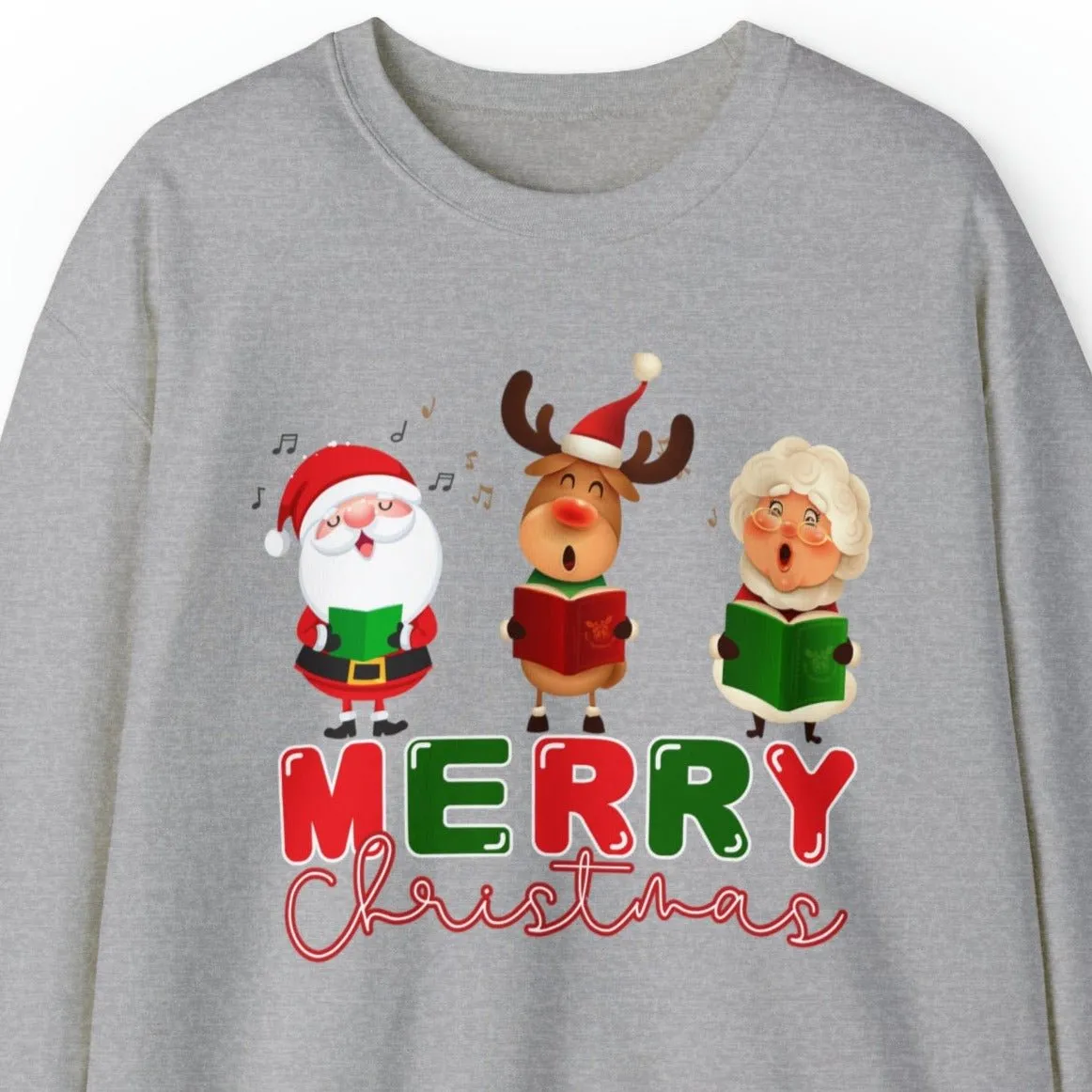 Merry Christmas Caroling Crew Women's Sweatshirt: Festive Santa, Mrs. Claus & Reindeer Carolers