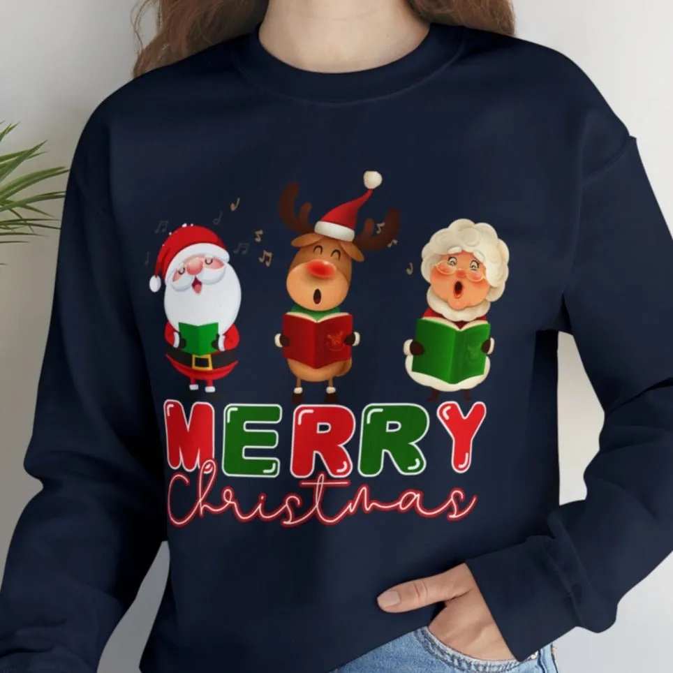 Merry Christmas Caroling Crew Women's Sweatshirt: Festive Santa, Mrs. Claus & Reindeer Carolers