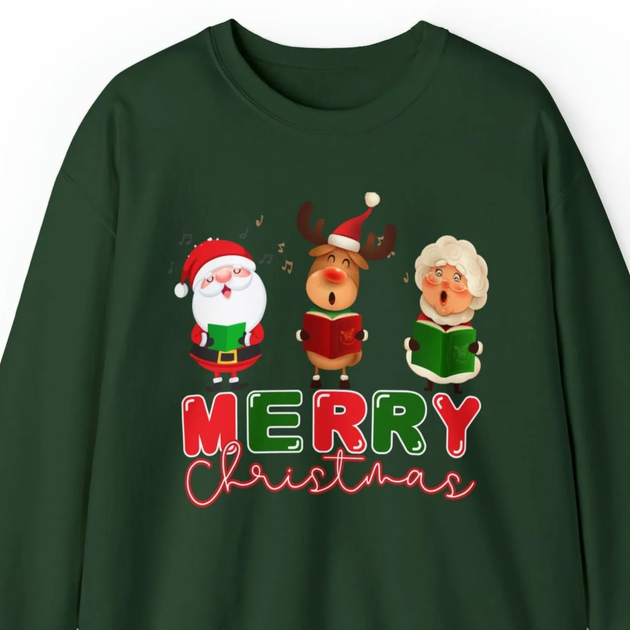 Merry Christmas Caroling Crew Women's Sweatshirt: Festive Santa, Mrs. Claus & Reindeer Carolers