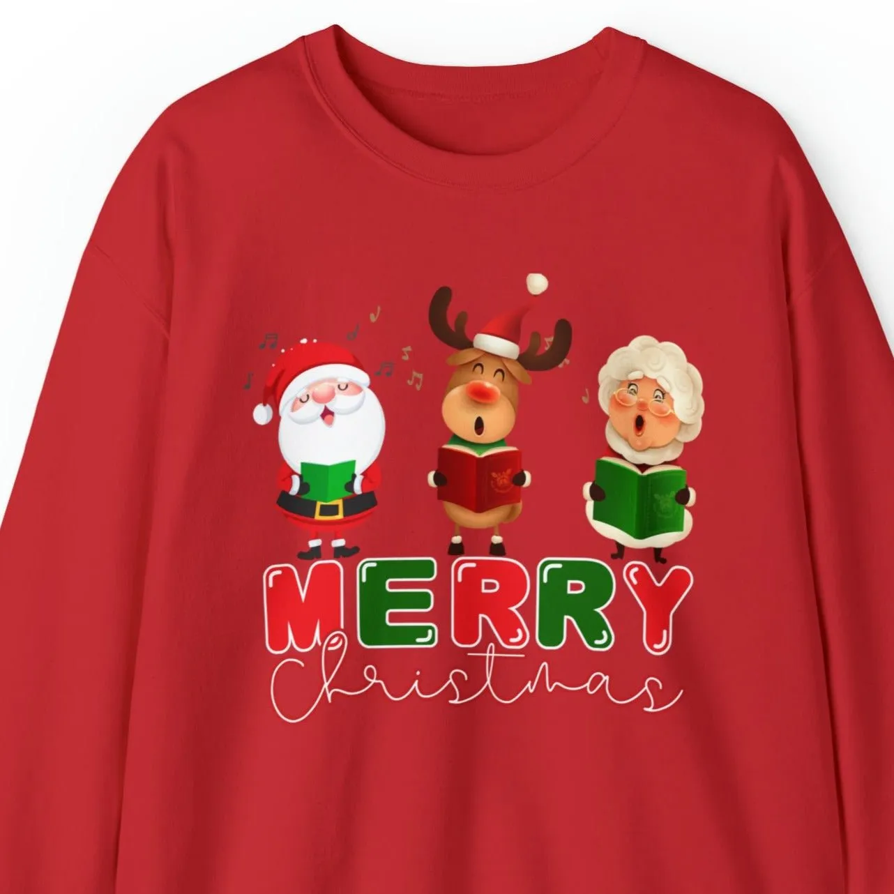 Merry Christmas Caroling Crew Women's Sweatshirt: Festive Santa, Mrs. Claus & Reindeer Carolers