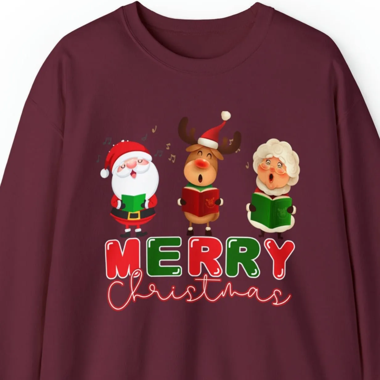 Merry Christmas Caroling Crew Women's Sweatshirt: Festive Santa, Mrs. Claus & Reindeer Carolers