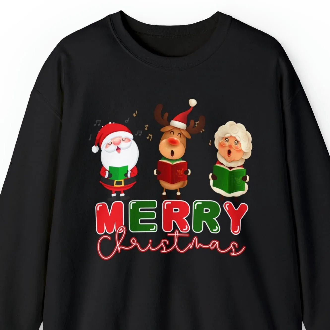 Merry Christmas Caroling Crew Women's Sweatshirt: Festive Santa, Mrs. Claus & Reindeer Carolers